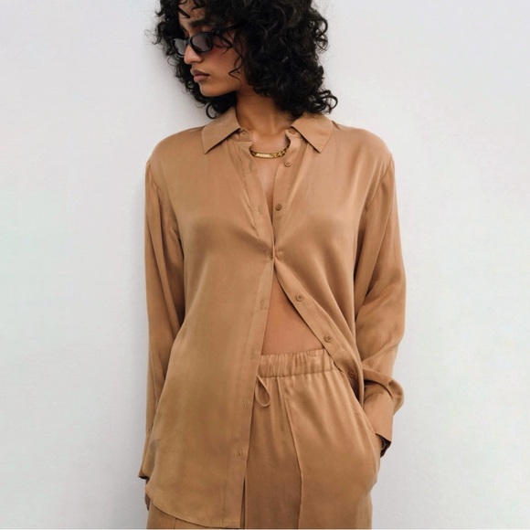 For Love And Lemons Tops - FOR LOVE & LEMONS TAN BROWN CLARABELL COLLARED BUTTON-DOWN LONG SLEEVE SHIRT